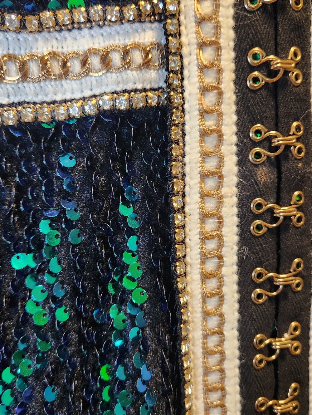 Sequined Black & Emerald Long Sleeve Dress with Embellished Trim - Picture 4 of 8